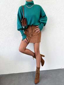 RueChic Áo cao cổ Thả vai Áo len - Màu xanh lá cây đậm - Xem 4