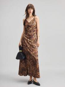Ontre Women's Dark Brown Leopard Animal Print Satin Maxi Dress,Sleeveless Summer Seksi Chic Long Dress,Urban Abstract Night Out Commuter Casual Wear,2025 - Black - View 8