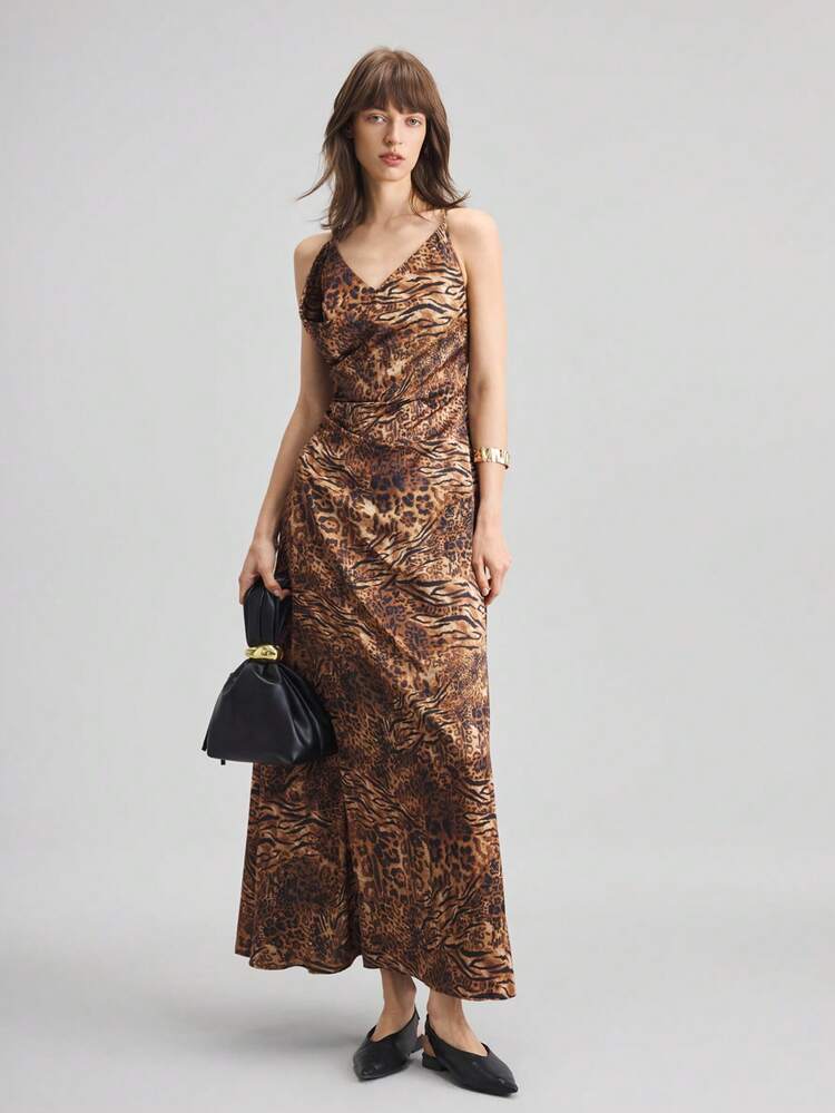 Women's Teacher Uniform, 4th Of July Inspired, Urban Chic, Animal Print, Abstract Print, Leopard Print, Brown, Satin Material, Women Long Maxi Dress, Sleeveless Dress, Commuter Wear, Summer Clothing, Casual Wear, 2025 New Arrival