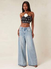 NYA SZN Quần jeans denim cạp trung dáng rộng, màu sáng, phong cách đường phố, thích hợp mặc hàng ngày, đi ăn trưa, mùa thu, dự lễ hội, lễ hội hóa trang dành cho nữ. - Rửa nhẹ - Xem 4