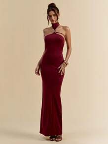 SHEIN BAE Váy suông hở lưng màu đỏ rượu vang, dây buộc ôm sát gợi cảm, váy liền thân thanh lịch, váy hở lưng không tay trang trí kim loại, váy dài đi biển cho kỳ nghỉ - Màu Đỏ Sâu - Xem 2