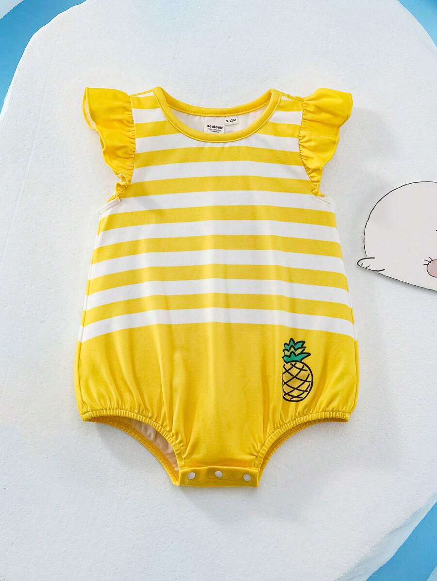 SEALOOK X SHEIN 女婴菠萝印花黄色条纹短袖可爱连体衣 - 黃色 - 查看 1