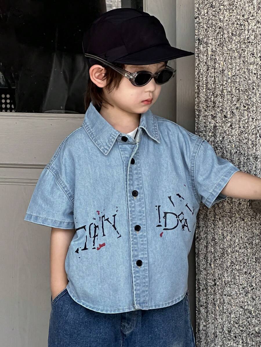 Dazy Kids Toddler Boys' Turndown Collar Printed Short Sleeve Denim Shirt
