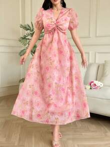 Modelyn Women V-Neck Short Sleeve Floral Print Mid-Calf Length Dress