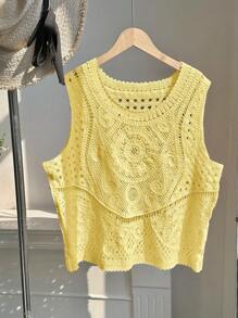Comfortcana Áo len dệt kim cổ tròn rỗng màu trơn cỡ lớn cho nữ - Màu vàng - Xem 1