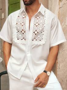 HIMLAND Áo sơ mi tay ngắn lưới trong suốt viền ren trắng giản dị dành cho nam, phù hợp cho mùa hè - trắng - Xem 5