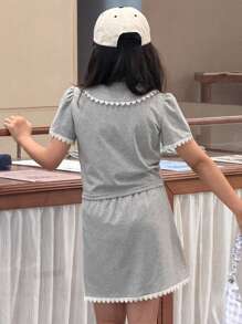 DAZY 2pcs/Set Tween Girls Polo Collar Puff Sleeve T-Shirt + Skirt Outfit For Autumn,Back To School Clothes - Grey - View 2