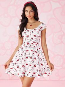 HELLO KITTY AND FRIENDS | SHEIN Women's Polka Dot & Cartoon Pattern Summer Short Dress - White - View 1