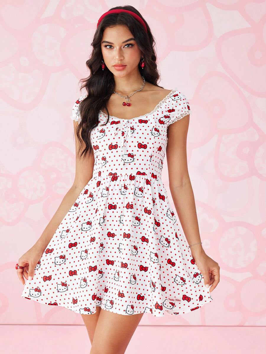 HELLO KITTY AND FRIENDS | SHEIN Women's Polka Dot & Cartoon Pattern Summer Short Dress - White - View 1