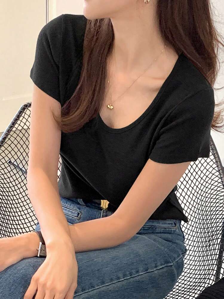 Women's Solid Color Round Neck Short Sleeve Fitted Basic T-Shirt, Brown, Spring/Summer