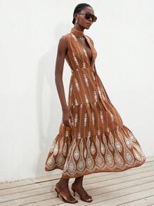 Aveloria Modichic French Romantic Boho Vacation Heavily Embroidered Sexy Deep V With Self-Fabric Belt Contrast Color Dress For Women - Multicolor - View 4