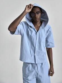 Ontre Men Summer Solid Color Casual Hoodie Short Sleeve Shirt, Suitable For Independence Day, St. John's Day, Graduation, Daily Wear, Vacation, Beach Resort,Commuting - Blue - View 2