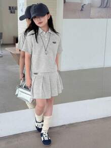 Dazy Kids 2 件套 Tween Girls Polo T 恤和百褶裙套装，夏季 - 灰色 - 查看 6
