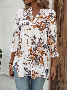 花卉印花翻領波浪袖上衣 - 白色 - 查看 6