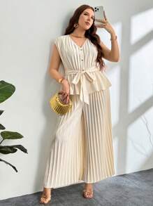 Firerie Plus Size Women 2 Pieces Set Solid Color Pleated Button Shirt And Wide Leg Pants For Summer