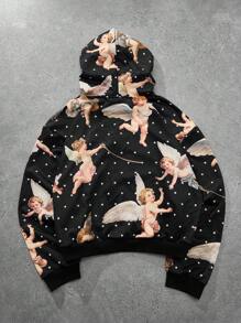 PAVTROS Manfinity Streetrush 1pc Men's Hooded Sweatshirt, Double-Layer Zip-Up Short Boxed Hoodie, Funny Cartoon Angel Print, Patch Embroidery Design, Casual Sportswear Suitable For Daily Wear, Travel, School, Boyfriend/Husband Gift, Couple Matching Zip Up Hoodie Y2k Graphic Zip Up Y2k Men Shirt Graphic Jacket Zip Up - Multicolor - View 3