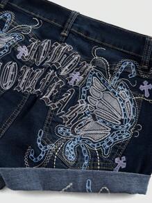 ROMWE Fairycore Vintage Y2K Sexy Cross Butterfly Embroidered Distressed Wash Low Waist Women Skinny Jeans - Dark Wash - View 4