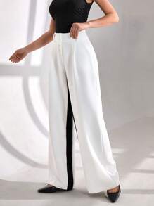 CLARA VERO Pantalón de pierna ancha con botones en la cintura alta, pantalón con paneles de contraste blancos, pantalón de bloques de color de diseñador, pantalón de pierna ancha de dos tonos elegante, pantalón de colección de ropa formal, colección de pierna ancha de alta moda, pantalón de ropa de noche sofisticada, pantalón de colección de diseñador de lujo, pantalón de declaración de uso profesional