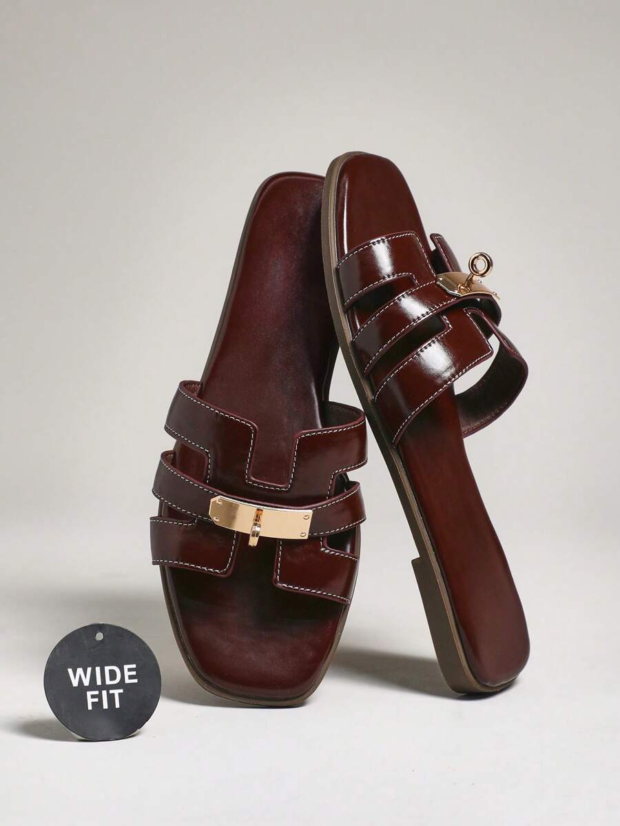 SHUZIA Wide Width Women's Luxe Gold Lock Stitching Detail Square Toe Flat Glossy Pu Coffee Slide Sandals-Plus Size Sophisticated, Elegant & Stylish - Coffee Brown - View 1