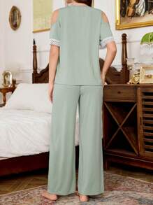 Trezura Women Casual Rib Knit V Neck Tassel Tie Floral Trim Short Sleeve Top And Pants Pajama Set & Women Lounge Wear Sets - Mint Green - View 2