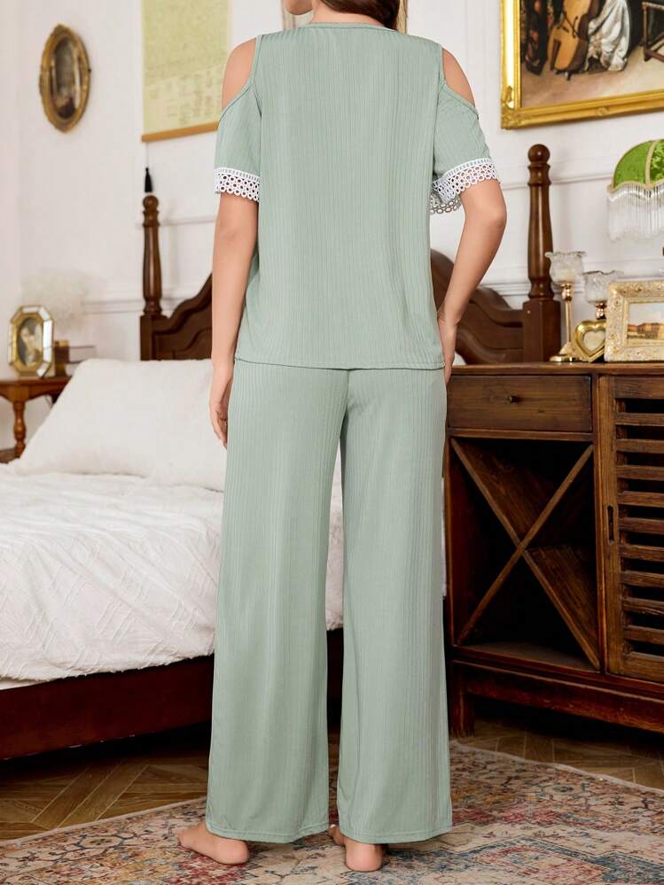 Trezura 女士休闲罗纹针织 V 领流苏领带花卉饰边短袖上衣和裤子睡衣套装 - 薄荷綠 - 查看 2