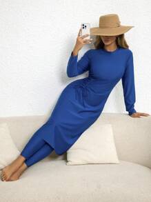 Swim Mulvari Set de costume de baie Burkini modest, cu 2 bucăți, mărime plus, pentru femei, culoare solidă, cu control al abdomenului, stil conservator - Dusty Blue - Vizualizare 5