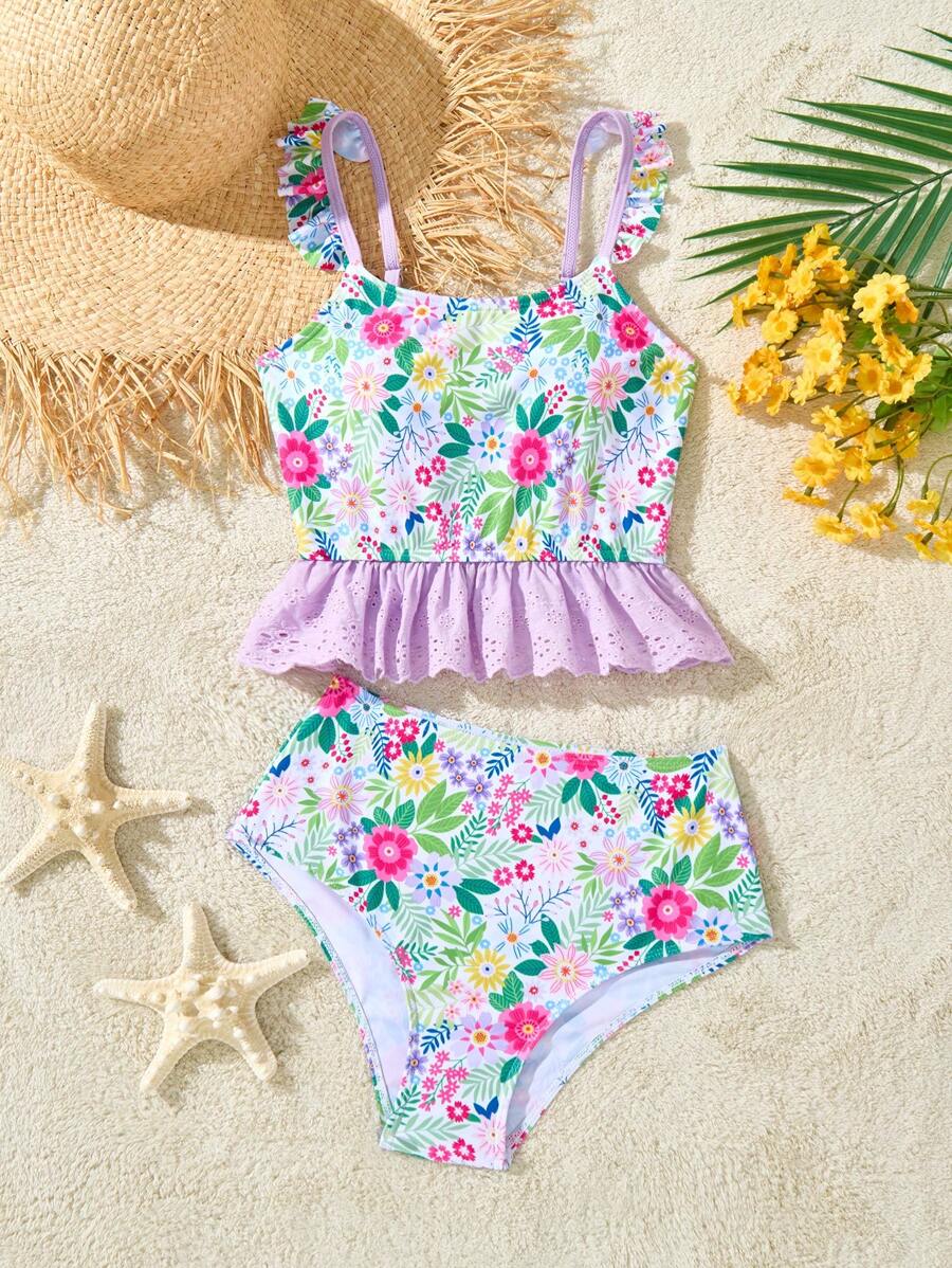Tween Girls Tropical Floral Fashionable Resort Cute Frill Bikini Sets - Multicolor - View 1