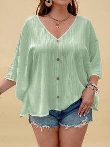 SHEIN VCAY Plus Size Textured Batwing Sleeve V-Neck Blouse, Vacation Wear - Mint Green - View 6