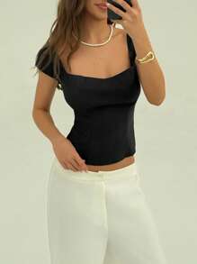 Aloruh Top corto sexy con cuello cuadrado y escote ultra bajo, camisa con botones estilo clubwear, top de cuello cuadrado