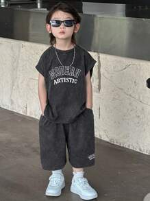 Dazy Kids 2件套男童圆领针织背心+短裤套装 - 深灰色 - 查看 1