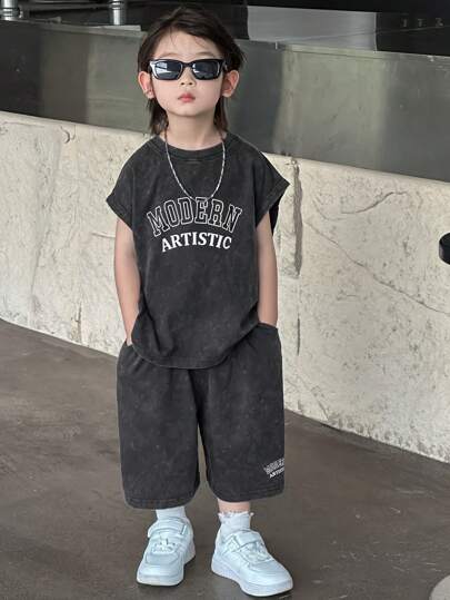 Dazy Kids 2件套男童圆领针织背心+短裤套装