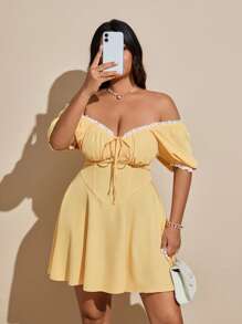 Viva Relle Plus Size Lace Trim Bow Decor Sexy Vacation Dress - Yellow - View 1