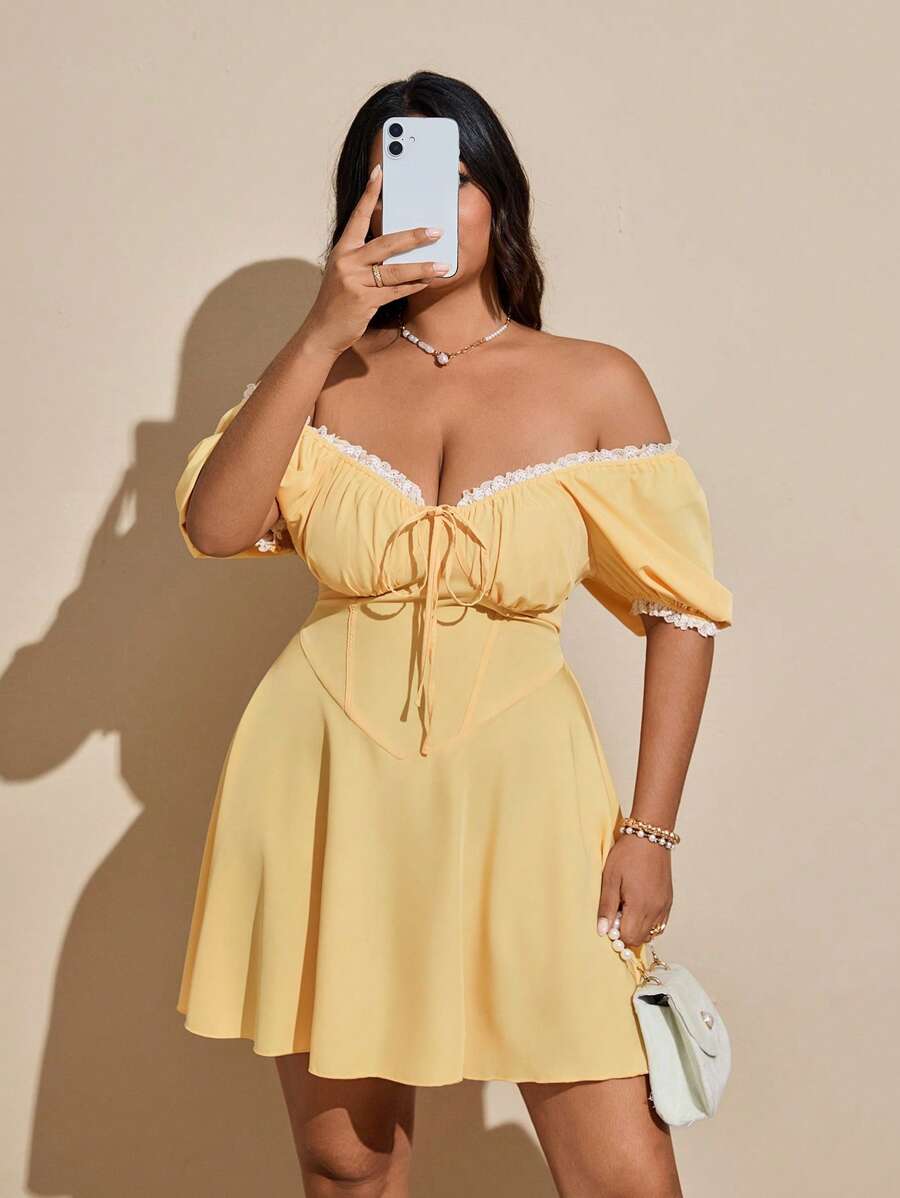 Viva Relle Plus Size Lace Trim Bow Decor Sexy Vacation Dress - Yellow - View 1