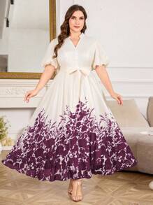 Modelyn 大码女式优雅印花收腰喇叭裙 - 酒紅色 - 查看 1