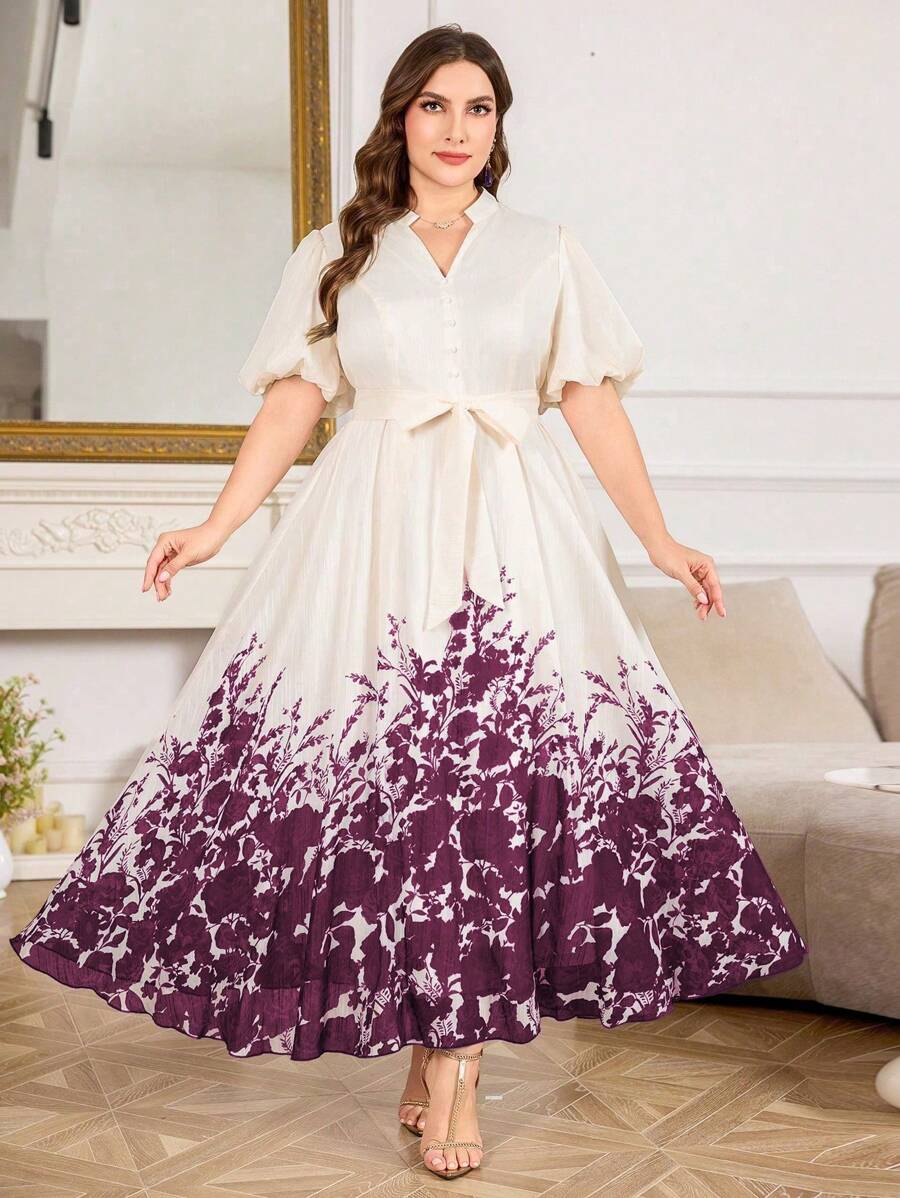 Modelyn 大码女式优雅印花收腰喇叭裙 - 酒紅色 - 查看 1