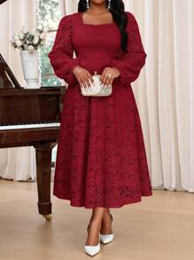 SHEIN Lady 大码优雅派对纯色纹理喇叭袖鱼尾连衣裙新年假期服装优雅派对粉色情人节正式女士连衣裙蕾丝连衣裙粉色女士连衣裙夏季女士连衣裙 - 酒紅色 - 查看 3