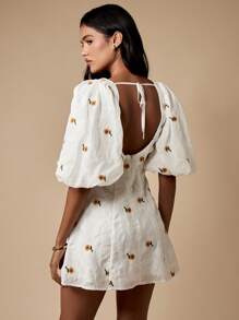 MISSGUIDED Sunflower Embroidered Mini Dress With Puff Sleeves Square Neck Summer Garden Party Wedding Guest Fitted A Line Ruched Back Occasion Dress - White - View 2