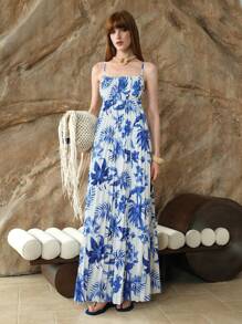 SHEIN LUNE Robe de plage d'été de haute qualité à volants fleuris pour femmes, bleu français, pour les vacances - Bleu et Blanc - Voir 7