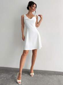 Firerie Damen Sommer Elegant Urlaub Strand Kurzes Kleid, Weißes Lässiges Pendelkleid mit Metall Deko Schulter A-Linie - Weiss - Übersicht 4