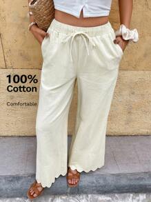 SHEIN Frenchy Quần vải lanh rộng rãi màu trơn đơn giản cho nữ - Màu be - Xem 3