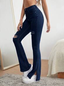 SHEIN Cottnline Cotton High Waist Ripped Slit Hem Flare Leg Jeans - Dark Wash - View 5