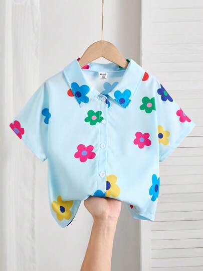 SHEIN 女童花卉短袖衬衫，夏季时尚宽松上衣