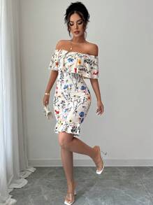 Selianne Đầm bodycon trễ vai bèo nhún in họa tiết nhiệt đới cho trang phục đi biển dành cho nữ - Nhiều màu - Xem 3