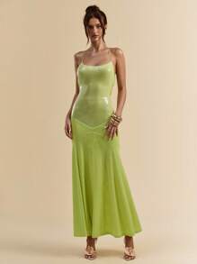 SHEIN BAE 夏季海滨度假女士露背绿色亮片网眼优雅鱼尾长裙 - 綠色 - 查看 3