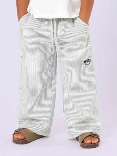 SUMWON 儿童条纹棉质抽绳裤 夏季休闲沙滩阔腿裤 舒适套穿裤脚带口袋 度假装