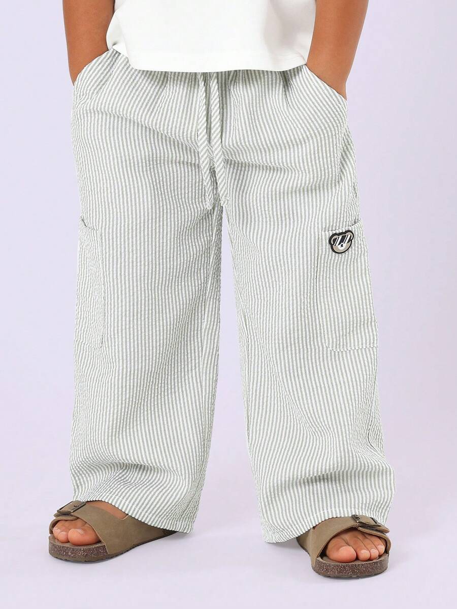 SUMWON 儿童条纹棉质抽绳裤 夏季休闲沙滩阔腿裤 舒适套穿裤脚带口袋 度假装 - 綠色 - 查看 1