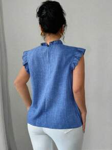 Elenzga Plus Size Women Blue Linen Ruffle Hem Puff Sleeve Shirt - Blue - View 2
