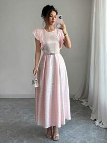 Elenzga Vestido de vacaciones de talla estándar para mujer, de cintura ajustada, con mangas acampanadas y volantes, de unicolor, elegante y de longitud media - Rosa - Ver 3
