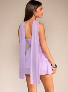 Glamine Mesh Patchwork Twist Crop Top Dress - Purple - View 2