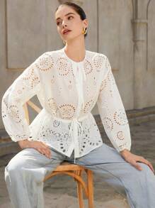 Aveloria Rosie New Water-Soluble Embroidery Hollow Out Fitted Waist Blouse, Elegant Ladies' Shirt For Holiday, Spring/Summer - White - View 4